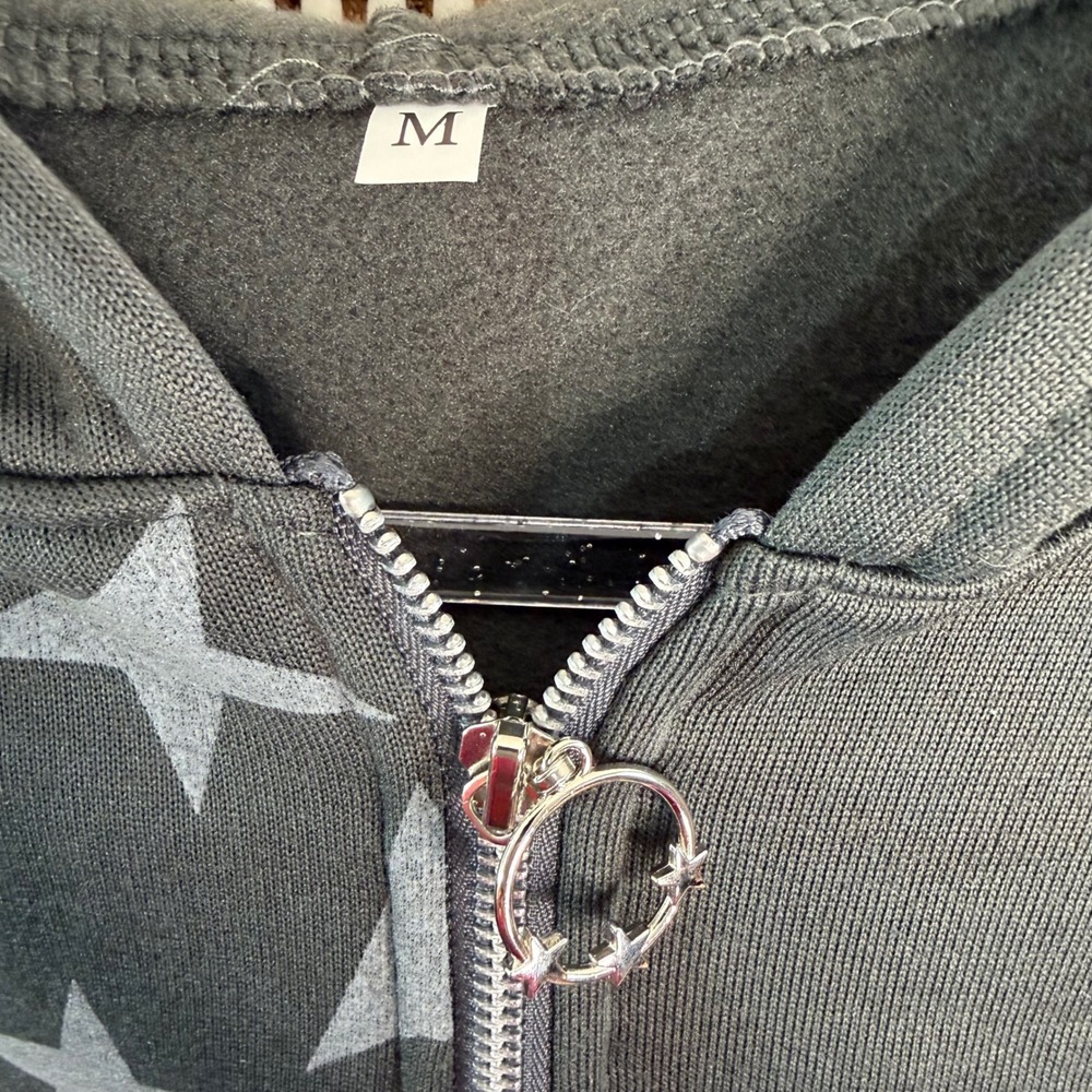 Oversized Star Print Zip Up‎ Hoodie Medium Gray Jacket - Picture 3 of 3
